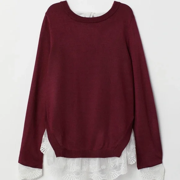 H&M burgundy Lace-trimmed Sweater,color of winter 2024-2025,Size XS - Picture 1 of 1
